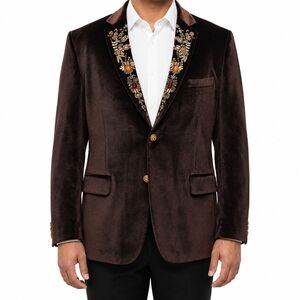 Mens 46R Brown Velvet Blazer Hand Embroidered Jeweled Lapel Wedding Tuxedo Groom
